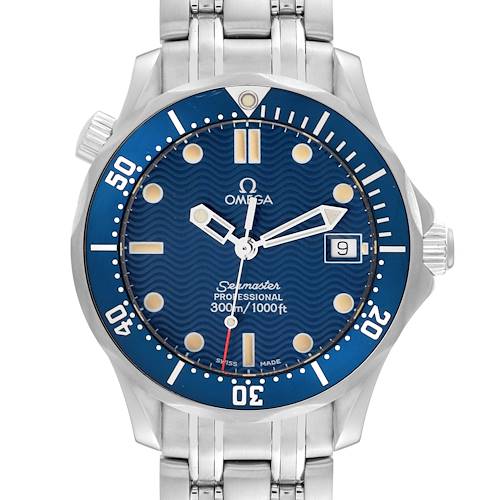 The image shows a front view of the Omega Seamaster 2561.80.00 Men's Stainless Steel Blue Dial 2561.80.00 Men's Stainless Steel Blue Dial model, highlighting its dial, bezel, and bracelet.