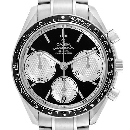 The Omega Speedmaster 326.30.40.50.01.002 Men's Stainless Steel Black Dial 326.30.40.50.01.002 Men's Stainless Steel Black Dial watch is shown from a top-down angle, highlighting the face, chronograph sub-dials, and tachymeter bezel.