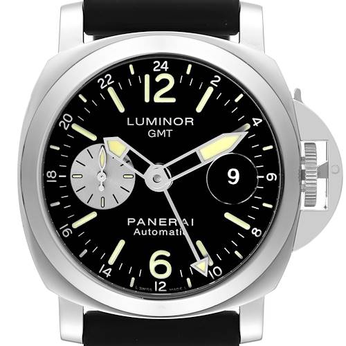 The image shows a front view of a Panerai Luminor PAM00088 Men's Stainless Steel Black Dial PAM00088 Men's Stainless Steel Black Dial GMT watch, displaying its dial, hands, and crown guard.