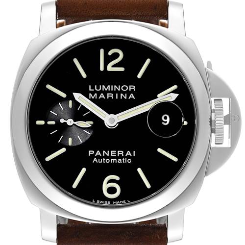 This is a front-facing view of a Panerai Luminor PAM00104 Men's Stainless Steel Black Dial PAM00104 Men's Stainless Steel Black Dial watch, showcasing its dial, crown guard, and brown leather strap.