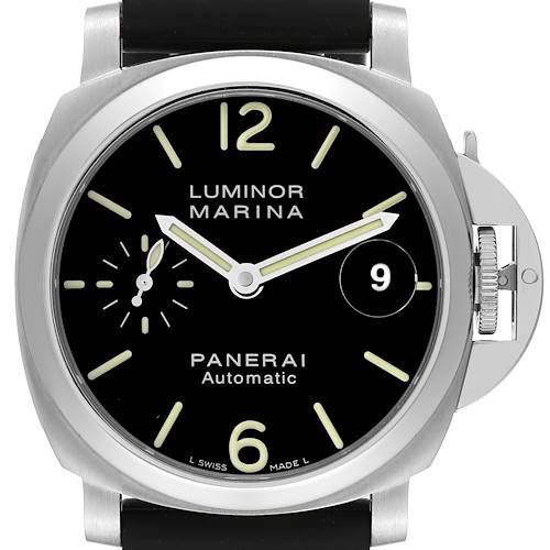The image shows a frontal view of a Panerai Luminor PAM00048 Men's Stainless Steel Black Dial PAM00048 Men's Stainless Steel Black Dial Marina watch, highlighting the face, crown guard, and strap.