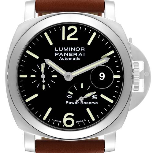 The image shows a front view of a Panerai Luminor PAM00090 Men's Stainless Steel Black Dial PAM00090 Men's Stainless Steel Black Dial watch with a black dial and a brown leather strap.
