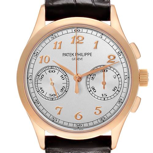 The Patek Philippe Complications 5170R Men's Rose Gold Silver Dial watch is shown from the front, displaying the dial, numerals, subdials, crown, and part of the strap.