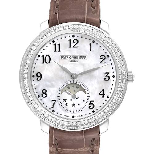 The image shows a frontal view of a Patek Philippe Complications 4968G-010 Women's White Gold Mother of Pearl Dial 4968G-010 Women's White Gold Mother of Pearl Dial watch, highlighting its face, bezel with diamonds, and leather strap.