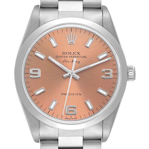 The image shows a front view of the Rolex Air-King 14000 Men's Stainless Steel Pink Dial 14000 Men's Stainless Steel Pink Dial watch, highlighting its face, dial, hands, crown, and part of the bracelet.