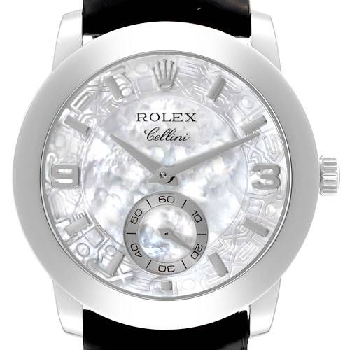 This image shows a frontal view of a Rolex Cellini 5240 Men's Platinum Mother of Pearl Dial 5240 Men's Platinum Mother of Pearl Dial watch, highlighting its face, dial, hands, and crown.