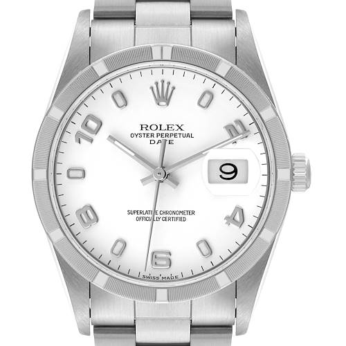The image shows a front view of the Rolex Oyster Perpetual Date model, displaying the dial, hands, crown, and bracelet.