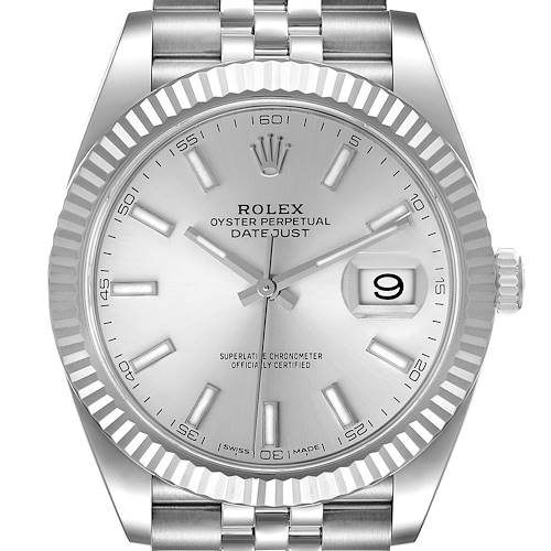 This is a front view of the Rolex Datejust 41 126334 Men's Stainless Steel Silver Dial 126334 Men's Stainless Steel Silver Dial watch showing the dial, hands, date window, and part of the bracelet.