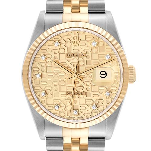 The Rolex Datejust 16233 Men's Steel and Gold (two tone) Champagne Dial 16233 Men's Steel and Gold (two tone) Champagne Dial watch is shown from the front, highlighting its gold dial, date window, and two-tone bracelet.