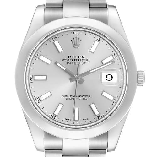 The Rolex Datejust 41 116300 Men's Stainless Steel Silver Dial 116300 Men's Stainless Steel Silver Dial is shown from a top-down angle, displaying the dial, bezel, hands, and part of the bracelet.