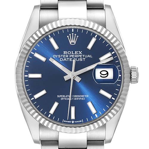 This is a front view of the Rolex Datejust 126234 Men's Stainless Steel Blue Dial 126234 Men's Stainless Steel Blue Dial, showcasing the blue dial, luminous markers, and date window with a fluted bezel.