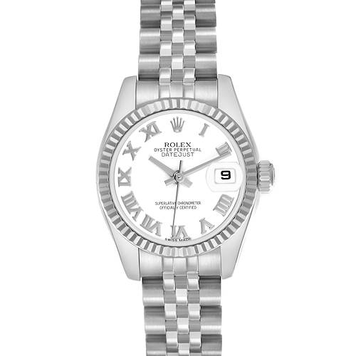 The Rolex Datejust 179174 Women's Stainless Steel White Dial 179174 Women's Stainless Steel White Dial watch is shown from a top-down angle, displaying the dial, bezel, crown, and bracelet.