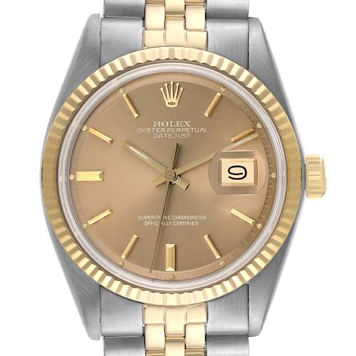 This image shows a front view of a Rolex Datejust 1601 Men's Steel and Gold (two tone) Brown Dial 1601 Men's Steel and Gold (two tone) Brown Dial watch, highlighting its face, bezel, crown, and bracelet.