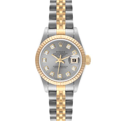 The image shows a front view of a Rolex Datejust 69173 Women's Steel and Gold (two tone) Grey Dial 69173 Women's Steel and Gold (two tone) Grey Dial watch displaying its face, bezel, and two-tone bracelet.