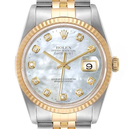 The image shows a front view of the Rolex Datejust 16233 Men's Steel and Gold (two tone) Mother of Pearl Dial 16233 Men's Steel and Gold (two tone) Mother of Pearl Dial watch, featuring the dial, bezel, hands, and part of the bracelet.