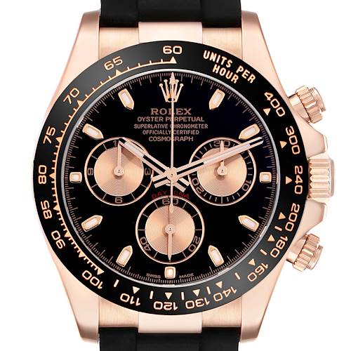 The image shows a Rolex Daytona 116515LN Men's Rose Gold Black Dial 116515LN Men's Rose Gold Black Dial watch, featuring a detailed frontal view of the dial, bezel, and pushers.