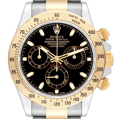This image shows a frontal view of a Rolex Daytona 116523 Men's Steel and Gold (two tone) Black Dial 116523 Men's Steel and Gold (two tone) Black Dial watch, highlighting the dial, bezel, pushers, and crown. 