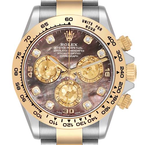 The Rolex Daytona 116503 Men's Steel and Gold (two tone) Mother of Pearl Dial 116503 Men's Steel and Gold (two tone) Mother of Pearl Dial watch is shown from a frontal angle, highlighting its bezel, dial, subdials, and crown.