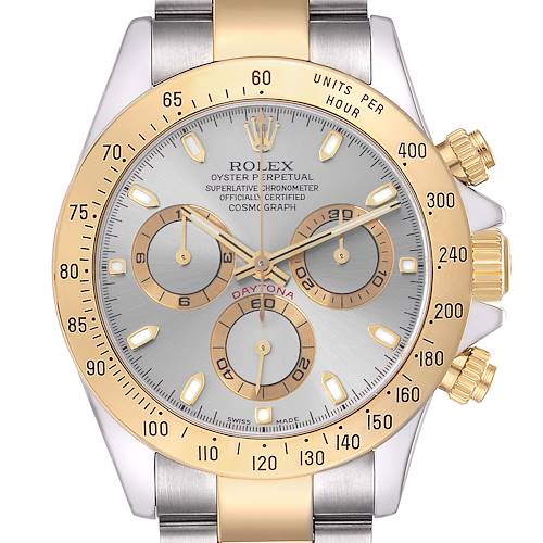 The Rolex Daytona 116523 Men's Steel and Gold (two tone) Silver Dial 116523 Men's Steel and Gold (two tone) Silver Dial watch is shown from a front angle, highlighting the dial, bezel, and chronograph subdials.