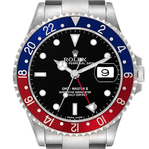 The image shows a front view of a Rolex GMT-Master 16710 Men's Stainless Steel Black Dial 16710 Men's Stainless Steel Black Dial II, highlighting the bezel, dial, hands, and date window.