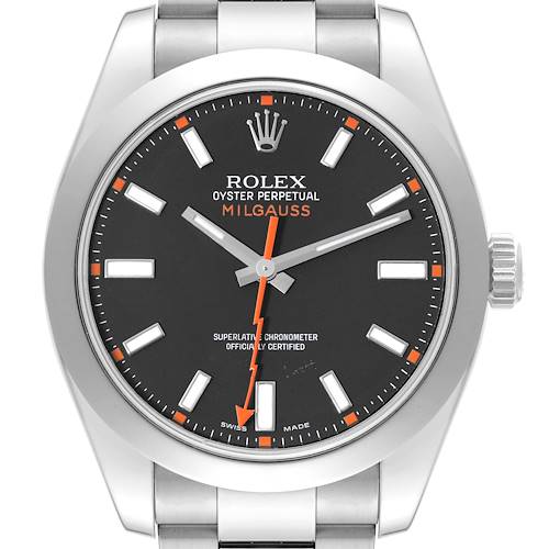 The image shows the front face of the Rolex Milgauss 116400 Men's Stainless Steel Black Dial 116400 Men's Stainless Steel Black Dial watch, highlighting its dial, hands, markers, and crown.