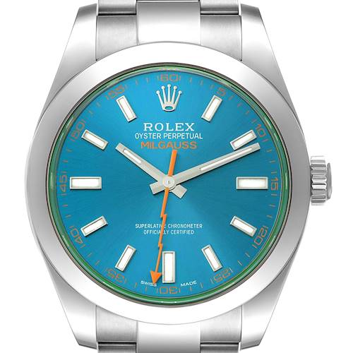 This image shows a front view of the Rolex Milgauss 116400GV Men's Stainless Steel Blue Dial 116400GV Men's Stainless Steel Blue Dial watch, highlighting its blue dial, orange lightning bolt second hand, and stainless steel bracelet.