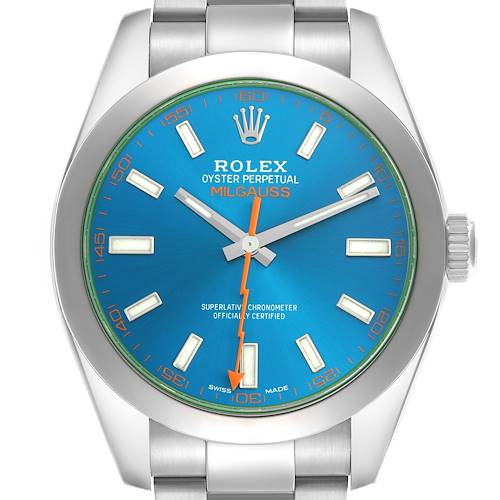The Rolex Milgauss 116400GV Men's Stainless Steel Blue Dial 116400GV Men's Stainless Steel Blue Dial watch is shown from a front angle, displaying the dial, bezel, and part of the bracelet.