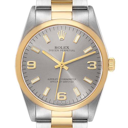 This is a top view of a Rolex Oyster Perpetual 14203 Men's Steel and Gold (two tone) Grey Dial 14203 Men's Steel and Gold (two tone) Grey Dial watch, showing the dial, bezel, case, and part of the bracelet.