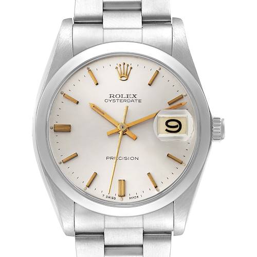 This image shows a front view of the Rolex Vintage Collection 6694 Men's Stainless Steel Silver Dial 6694 Men's Stainless Steel Silver Dial Oysterdate Precision watch, highlighting its dial, hands, and date window.