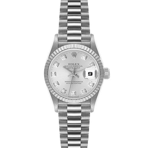 This image shows a front view of the Rolex President 69179 Women's White Gold Silver Dial 69179 Women's White Gold Silver Dial model watch, highlighting the dial, bezel, bracelet, and date window.