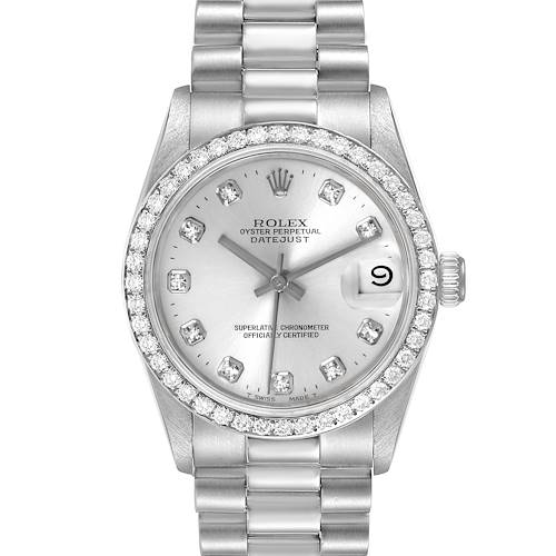The image shows a frontal view of a Rolex President 68286 Women's Platinum Silver Dial 68286 Women's Platinum Silver Dial model watch, highlighting the dial, bezel, and bracelet.