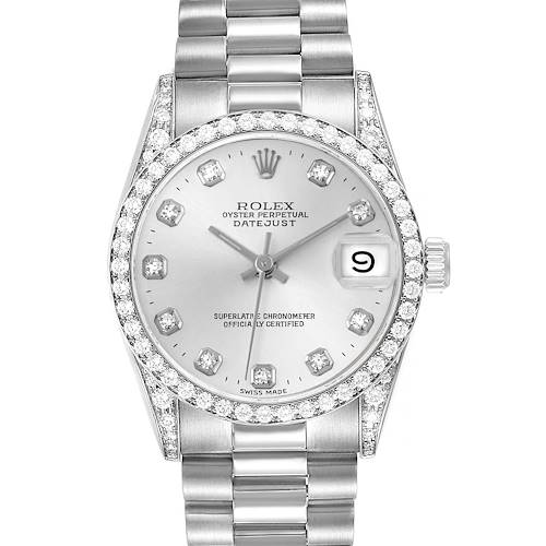 The image shows a front view of the Rolex President 68159G Women's White Gold Silver Dial 68159G Women's White Gold Silver Dial model watch, highlighting its dial, bezel, and bracelet.