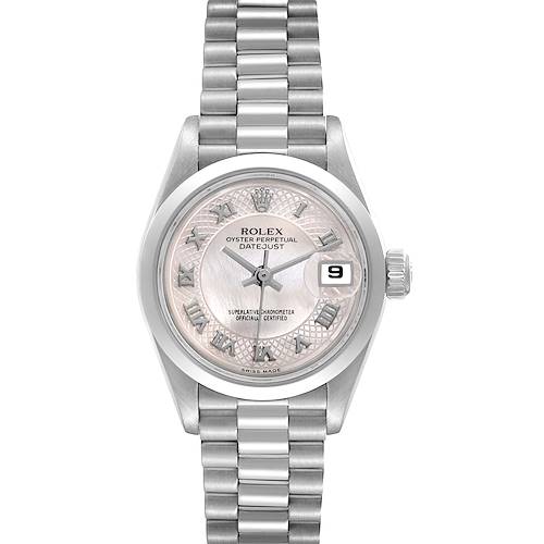 This is a top-down view of a Rolex Datejust 69166 Women's Platinum Mother of Pearl Dial 69166 Women's Platinum Mother of Pearl Dial watch, showing the dial, bracelet, and crown.