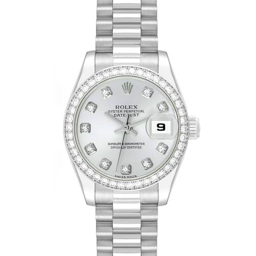 The image shows a front view of the Rolex President 179136 Women's Platinum Silver Dial 179136 Women's Platinum Silver Dial model watch, highlighting the face, bezel, and bracelet.