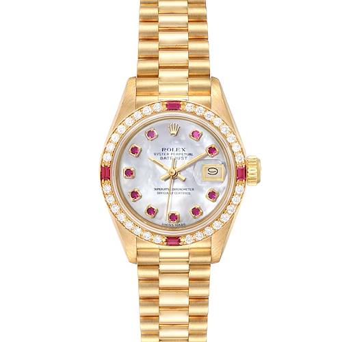 This image shows a Rolex President 69068 Women's Yellow Gold Mother of Pearl Dial 69068 Women's Yellow Gold Mother of Pearl Dial model watch from a front view, displaying the face, bezel, and part of the bracelet.
