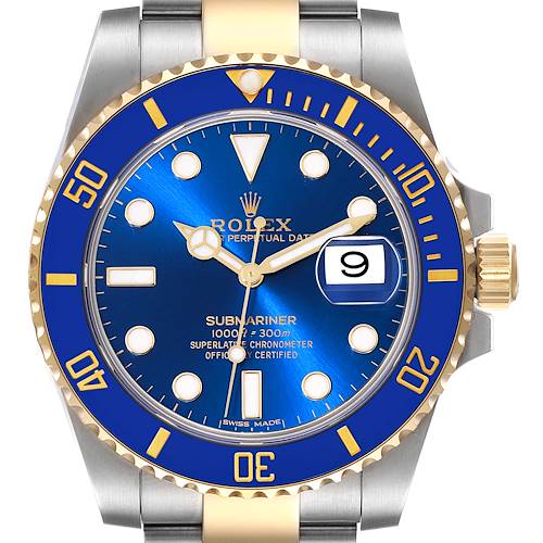 The image shows a front view of the Rolex Submariner 116613 Men's Steel and Gold (two tone) Blue Dial 116613 Men's Steel and Gold (two tone) Blue Dial watch, highlighting the blue dial, gold accents, bezel, and date display.