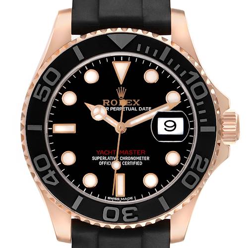 The Rolex Yacht-Master 116655 Men's Rose Gold Black Dial 116655 Men's Rose Gold Black Dial watch is shown in a front view, highlighting its bezel, dial, hands, and date window.