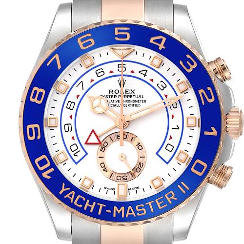 This image shows the face of the Rolex Yacht-Master 116681 Men's Steel and Gold (two tone) White Dial 116681 Men's Steel and Gold (two tone) White Dial II watch, displaying time, bezel, and chronometer details.