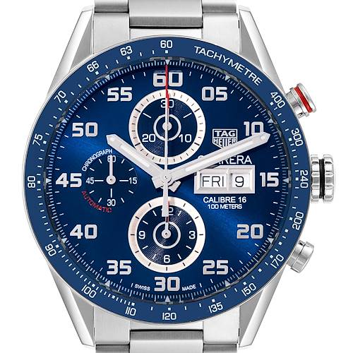 This is a frontal view of the Tag Heuer Carrera CV2A1V.BA0738 Men's Stainless Steel Blue Dial CV2A1V.BA0738 Men's Stainless Steel Blue Dial watch, showing the face, bezel, subdials, and crown with pushers.