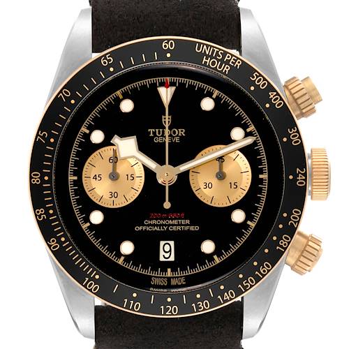 The image shows a front view of the Tudor Heritage Chrono 79363N Men's Steel and Gold (two tone) Black Dial 79363N Men's Steel and Gold (two tone) Black Dial watch, highlighting its dial, subdials, bezel, and crown.