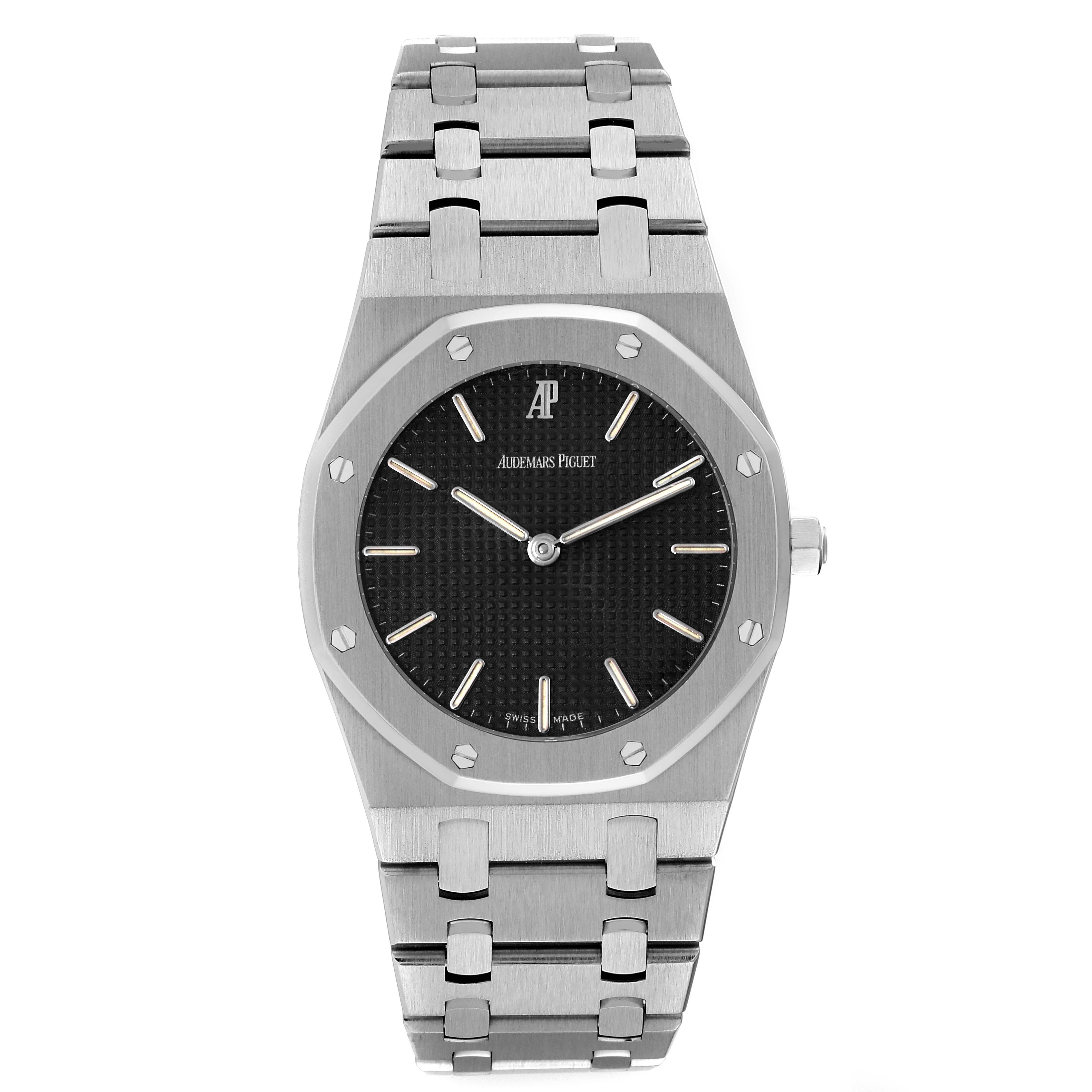 This image features a front view of the Royal Oak watch by Audemars Piguet, showcasing its dial, bezel, and bracelet.