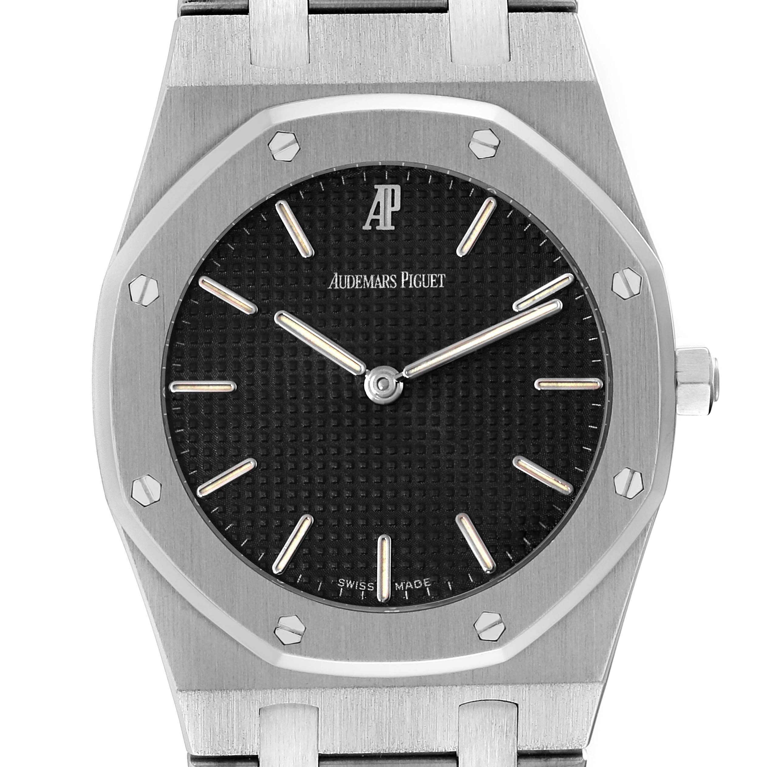 The image shows a front view of the Audemars Piguet Royal Oak 56303ST.OO.0789ST Men's Stainless Steel Black Dial 56303ST.OO.0789ST Men's Stainless Steel Black Dial watch, highlighting its octagonal bezel and black dial.
