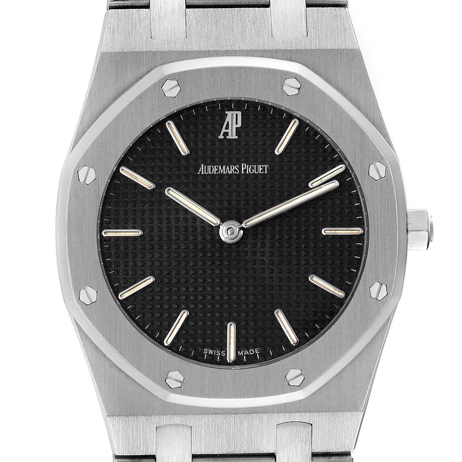The image shows a front view of the Audemars Piguet Royal Oak 56303ST.OO.0789ST Men's Stainless Steel Black Dial 56303ST.OO.0789ST Men's Stainless Steel Black Dial watch, highlighting its octagonal bezel and black dial.
