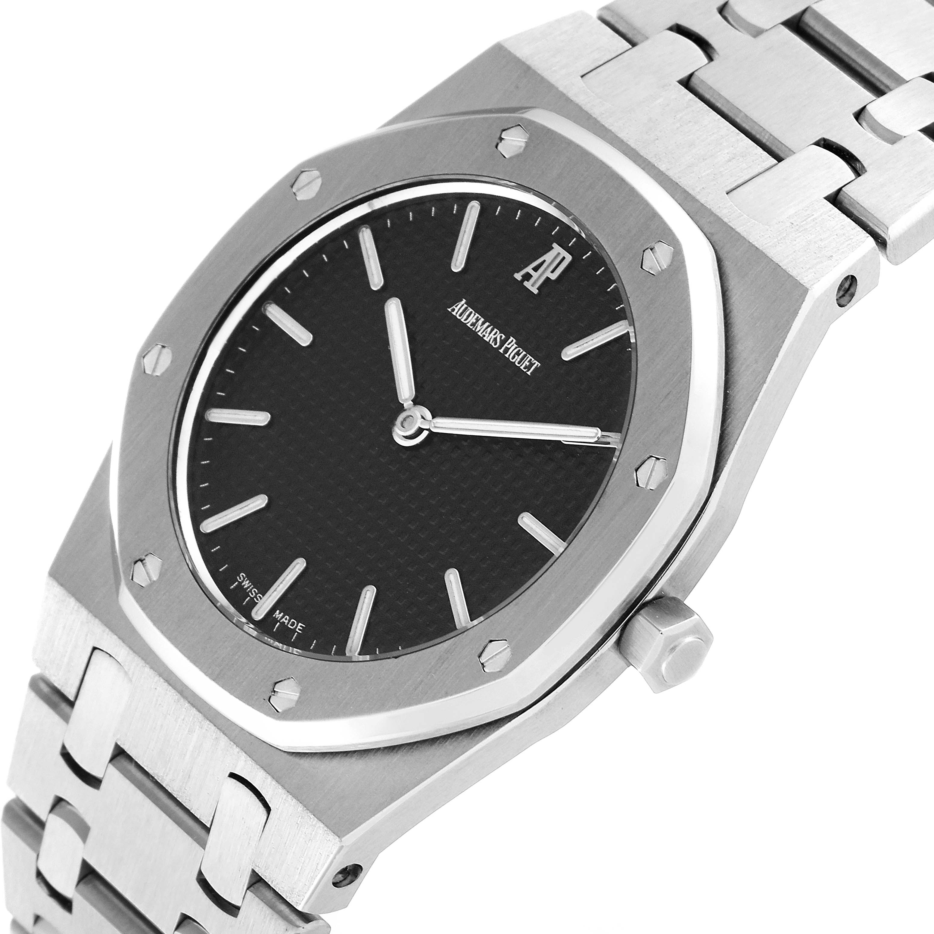 The image shows a close-up view of the Audemars Piguet Royal Oak 56303ST.OO.0789ST Men's Stainless Steel Black Dial 56303ST.OO.0789ST Men's Stainless Steel Black Dial watch, focusing on the face, bezel, and part of the bracelet.