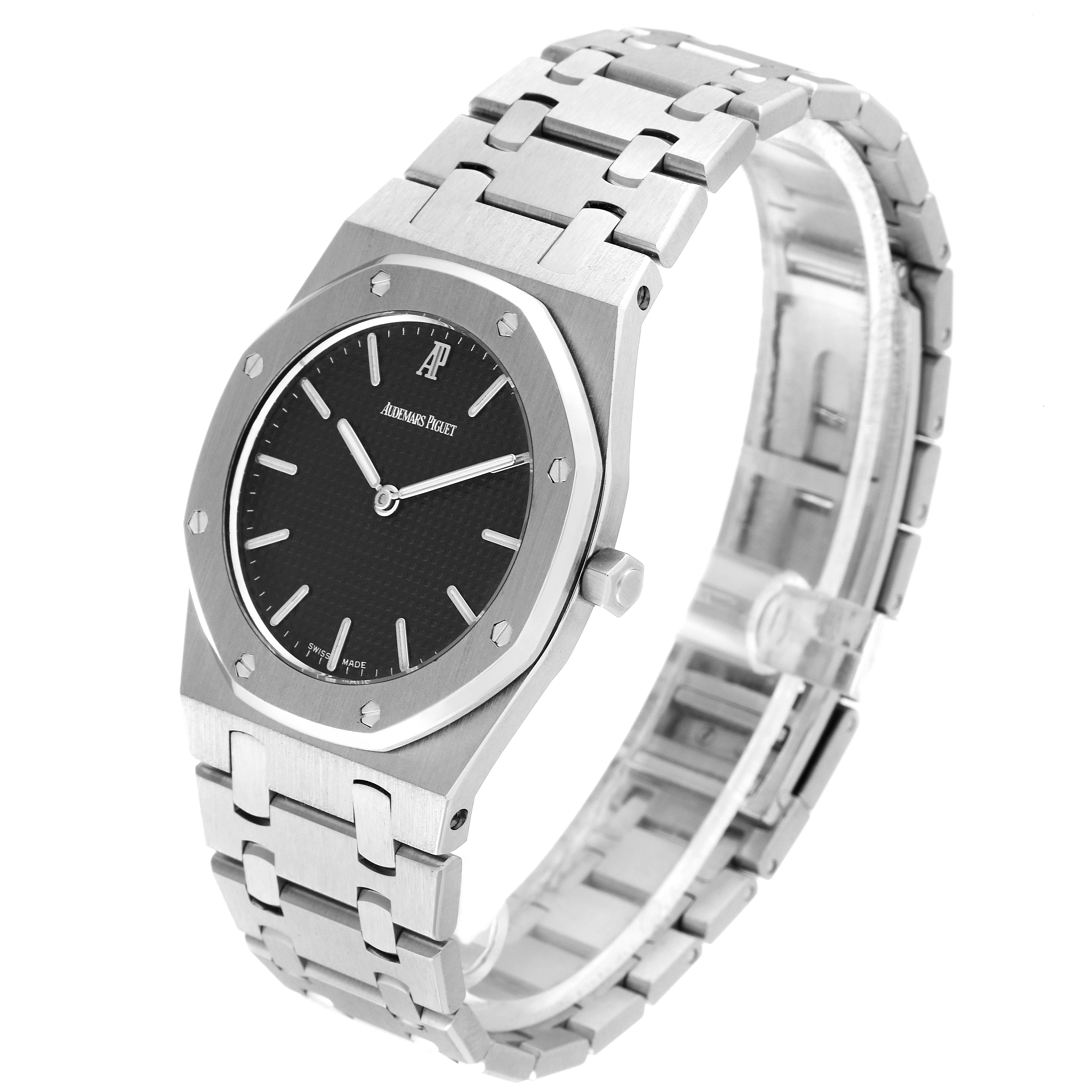 This Audemars Piguet Royal Oak 56303ST.OO.0789ST Men's Stainless Steel Black Dial 56303ST.OO.0789ST Men's Stainless Steel Black Dial watch is shown from an angled perspective, highlighting its face, bezel, crown, and bracelet.