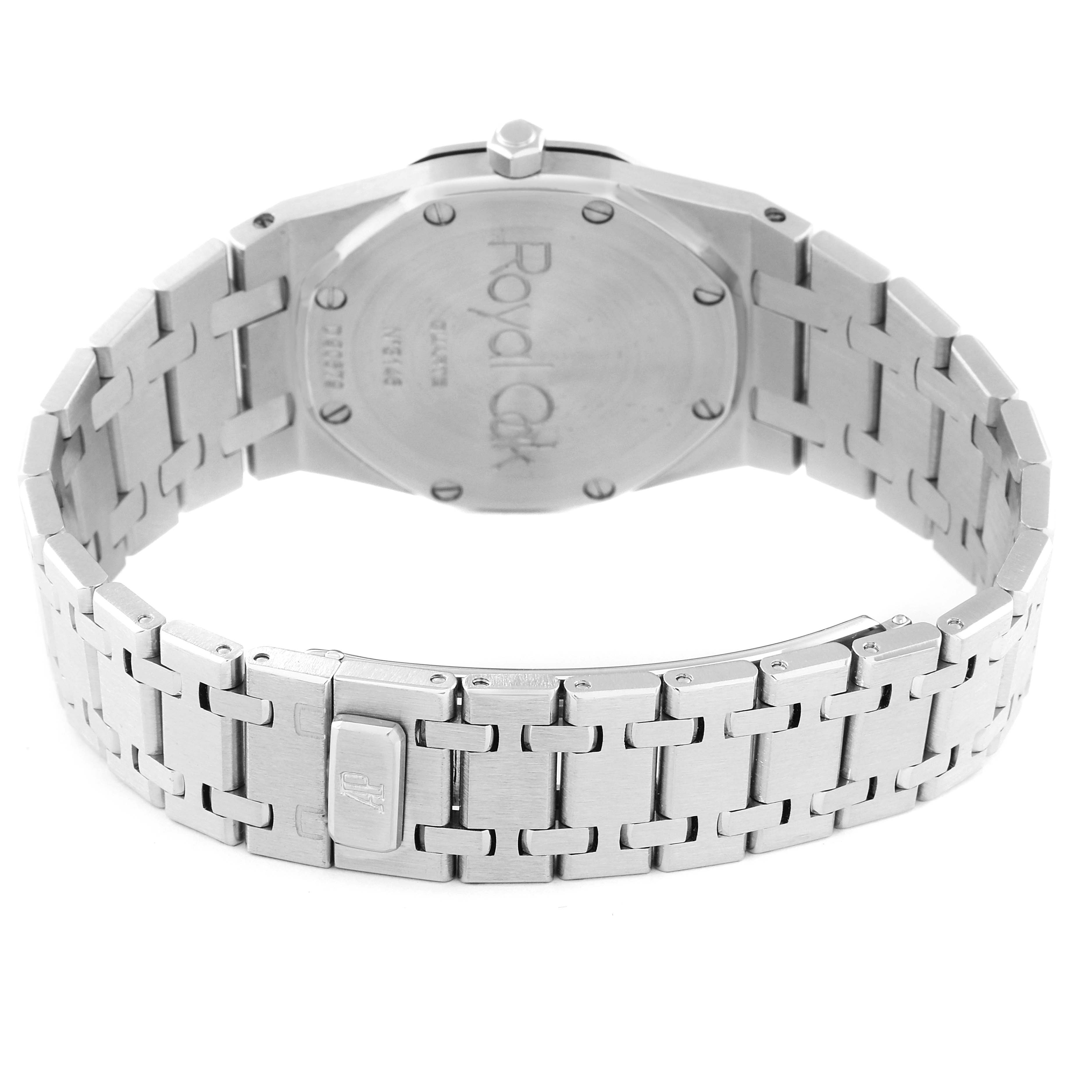 This image shows the back view of a Royal Oak model by Audemars Piguet, focusing on the case back and bracelet.