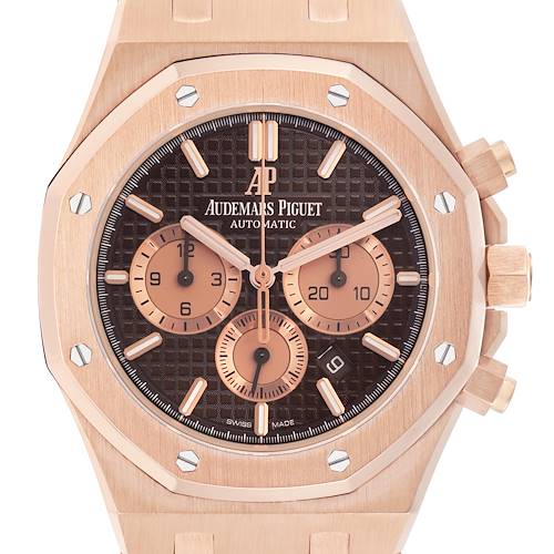The image shows a frontal view of an Audemars Piguet Royal Oak 26331OR.OO.1220OR.02 Men's Rose Gold Brown Dial 26331OR.OO.1220OR.02 Men's Rose Gold Brown Dial watch, highlighting the dial, subdials, bezel, and pushers.