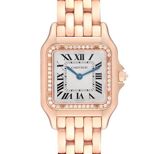 The Cartier Panthere WJPN0009 Women's Rose Gold Silver Dial WJPN0009 Women's Rose Gold Silver Dial watch is shown from a front angle, highlighting the face, bezel, and bracelet links.