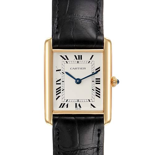 The image shows a front view of the Cartier Tank Classic Women's Yellow Gold White Dial Women's Yellow Gold White Dial watch, displaying its face, rectangular gold case, and black leather strap.