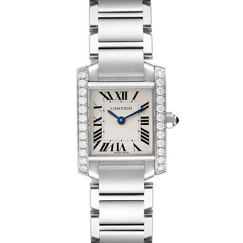 The image shows a front-facing view of a Cartier Tank Francaise W4TA0008 Women's Stainless Steel Silver Dial W4TA0008 Women's Stainless Steel Silver Dial watch, displaying its face, bracelet, and blue cabochon crown.